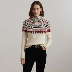 NWT Lauren Ralph Lauren Fair Polo Fair Isle Sweater Cream Red and Black, Size XS